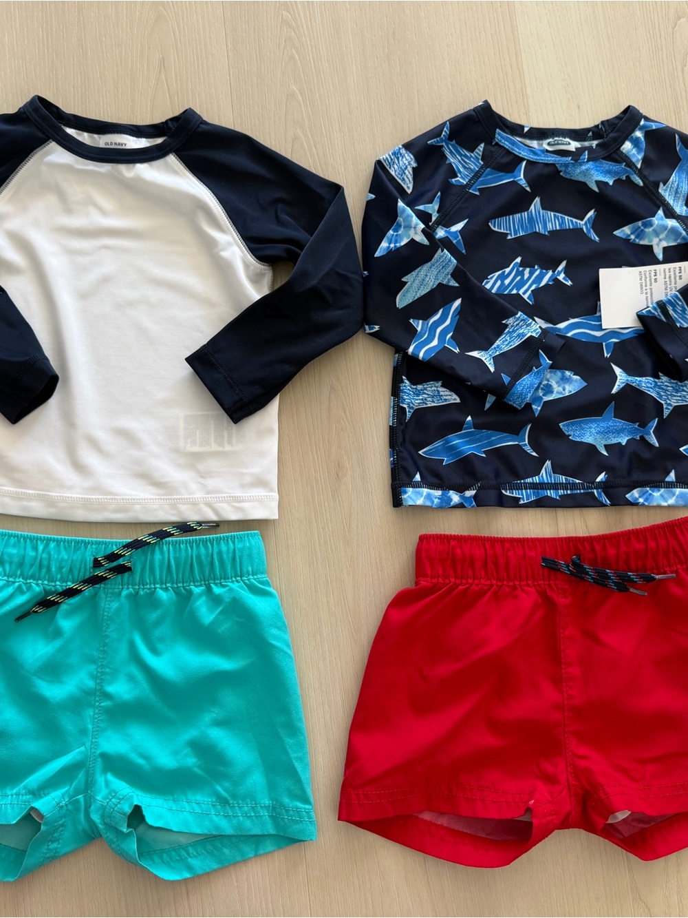 Kids Rash Guard and Swim Shorts Set - Navy Shark Print, White/Navy, Teal & Red